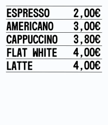 Minimalist black typography menu displaying coffee names and prices on a clean white background.
