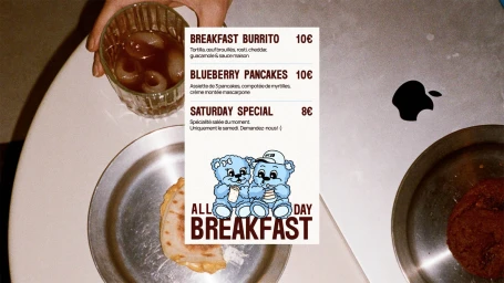 Overhead food and menu flat lay for APT.20 showing breakfast items, a drink glass, and blue bear illustrations on a white paper menu.