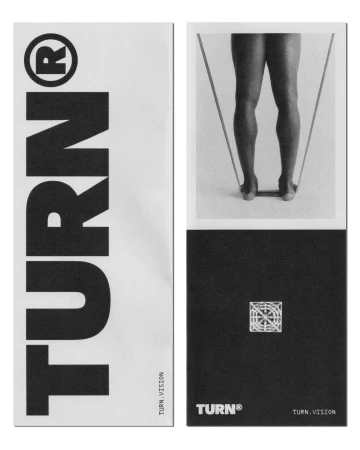 Black and white image of a person exercising with a resistance band, next to the brand logo "TURN" on a white background.