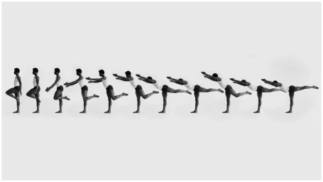 Chronophotography sequence of a male dancer extending leg and arms against a plain white background