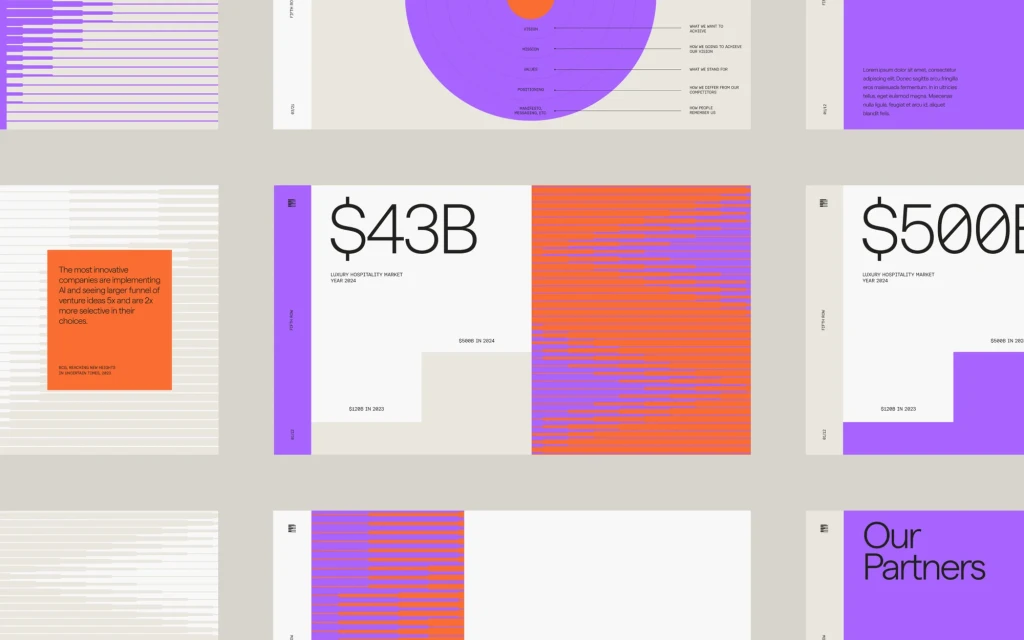 Digital graphic with marketing data visualizations in orange and purple tones, presenting market statistics and partner information.