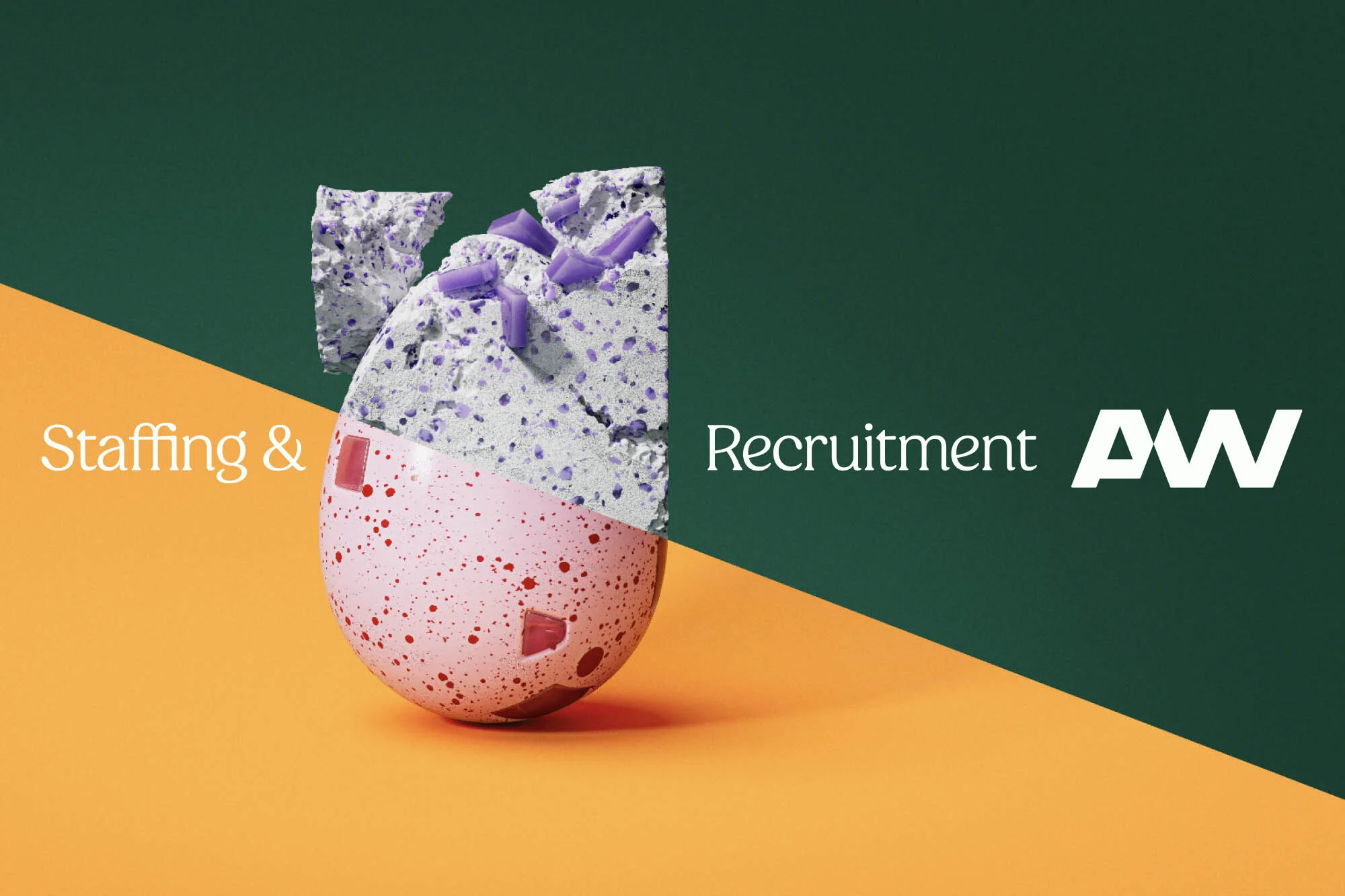 Conceptual image of a fractured sphere in hues of orange, green, pink, purple, and white. Recruitment and staffing concept.
