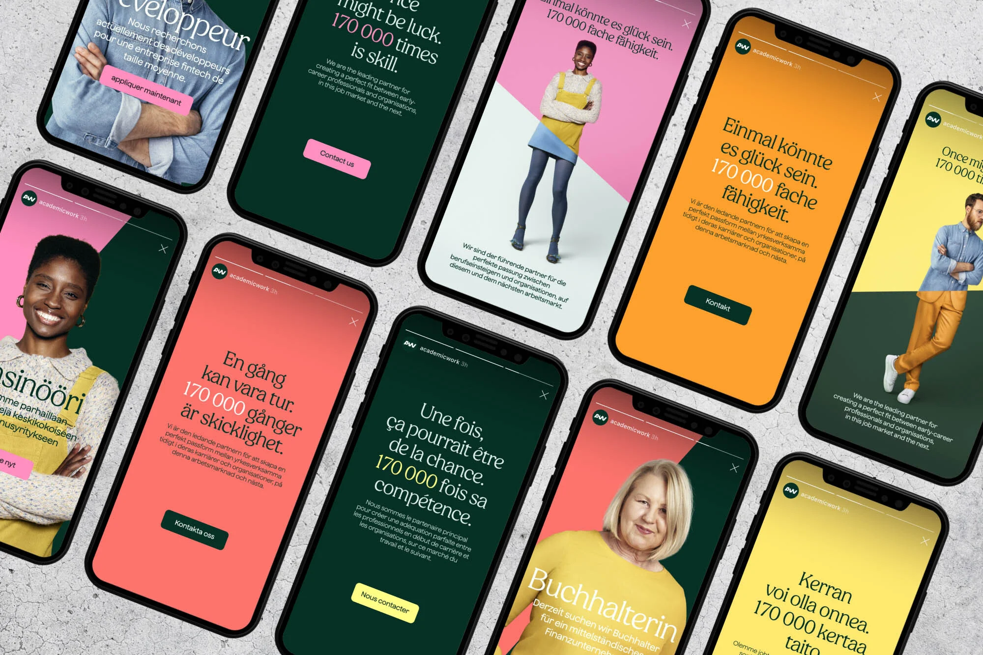 Numerous smartphones display job advertisement screenshots featuring diverse adults, set against a light gray surface.