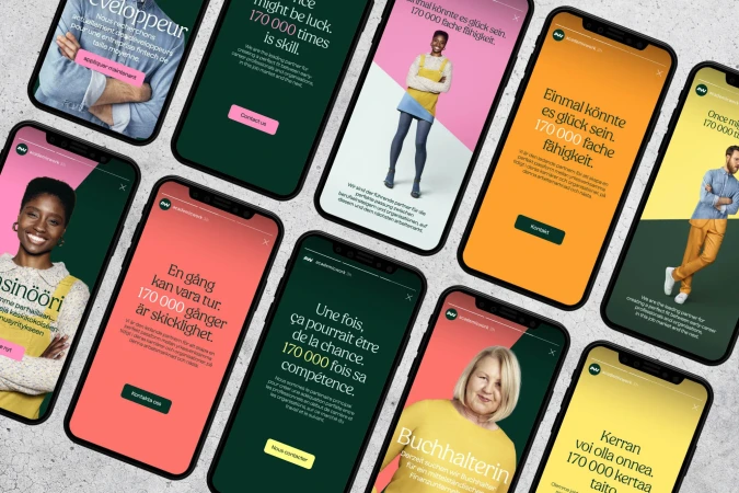 Numerous smartphones display job advertisement screenshots featuring diverse adults, set against a light gray surface.