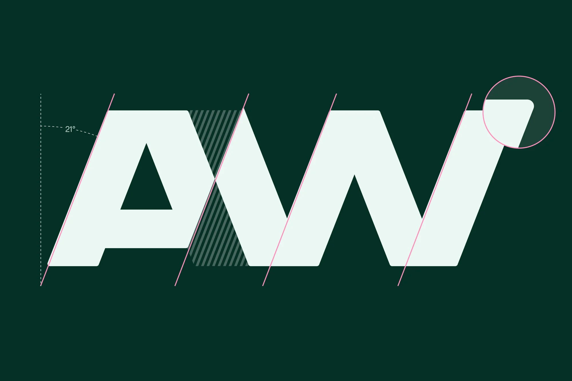Geometric design with overlapping white letters 'A' and 'W' on a dark green background, featuring angled lines and a minimalist aesthetic.