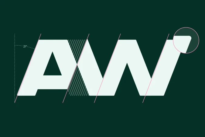 Geometric design with overlapping white letters 'A' and 'W' on a dark green background, featuring angled lines and a minimalist aesthetic.