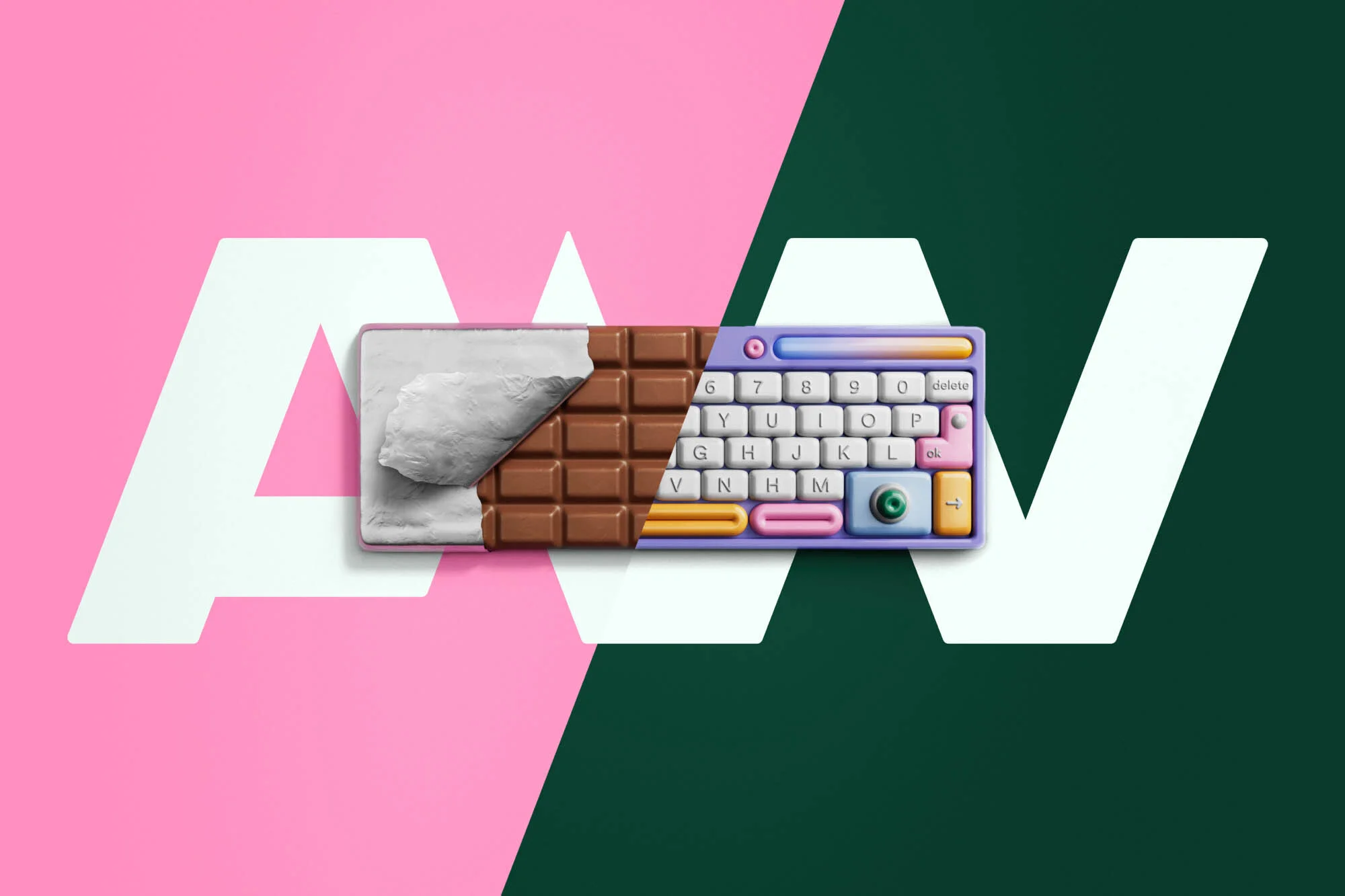 Split-image of a chocolate bar with foil wrapper next to a whimsical keyboard on a pink and green background with large white letters.