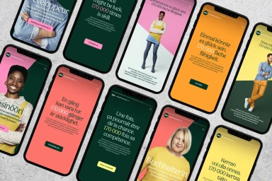 Multiple smartphone screens displaying brand identity design with typography and portraits on a textured background