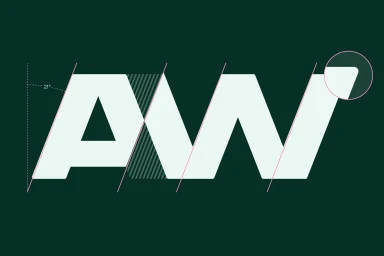 Graphic design brand identity featuring stylized white typographic monogram letters with 21 degree angle guides on a dark green background