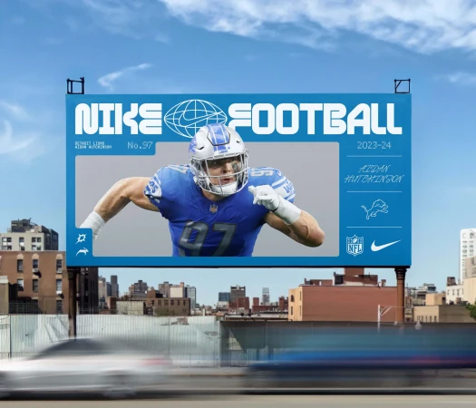 Billboard featuring an American football player in uniform, blue sky and city buildings in the background, promoting Nike football.