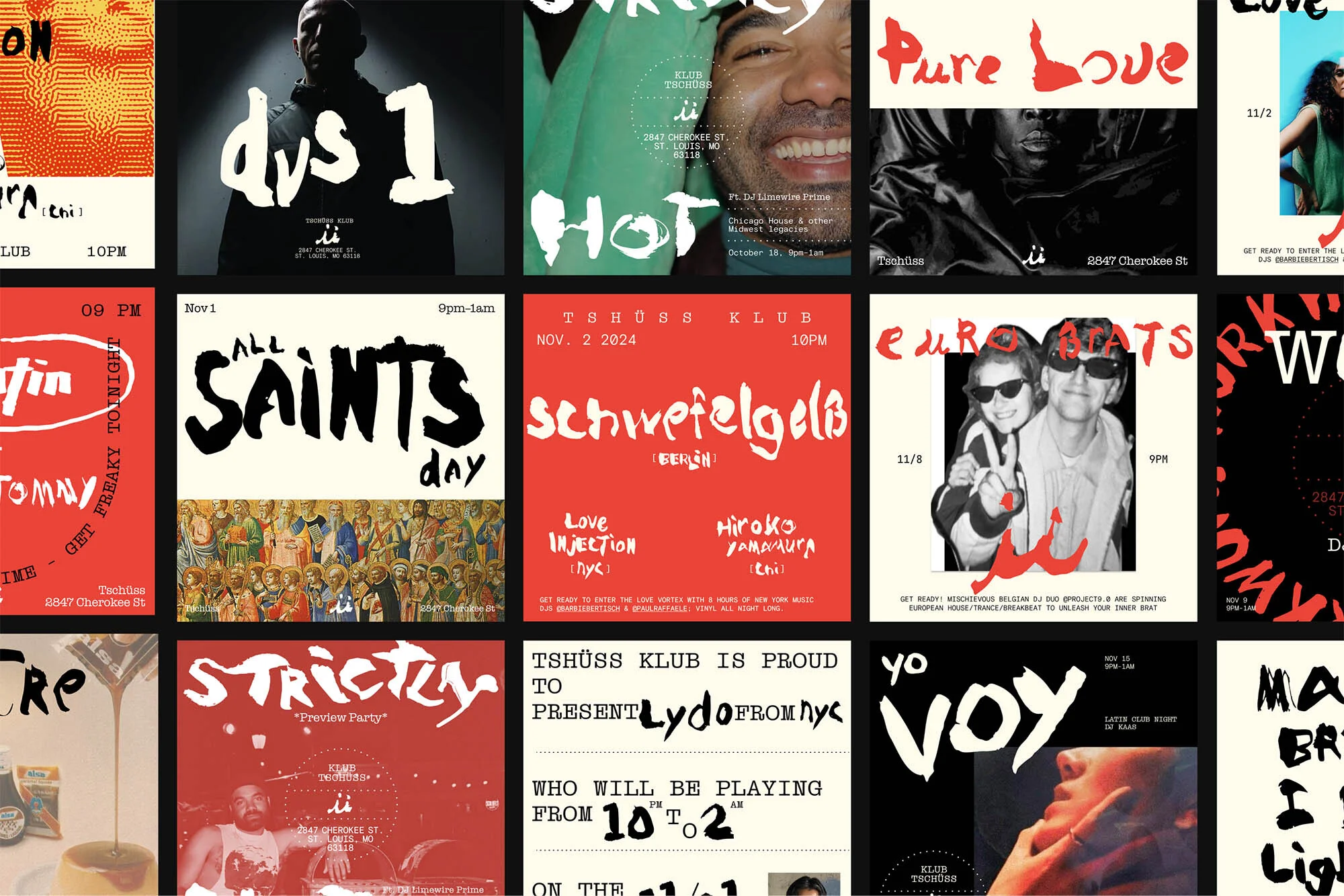 Collage of various flyers and posters with diverse graphics and typography. Black, white, and red color scheme.