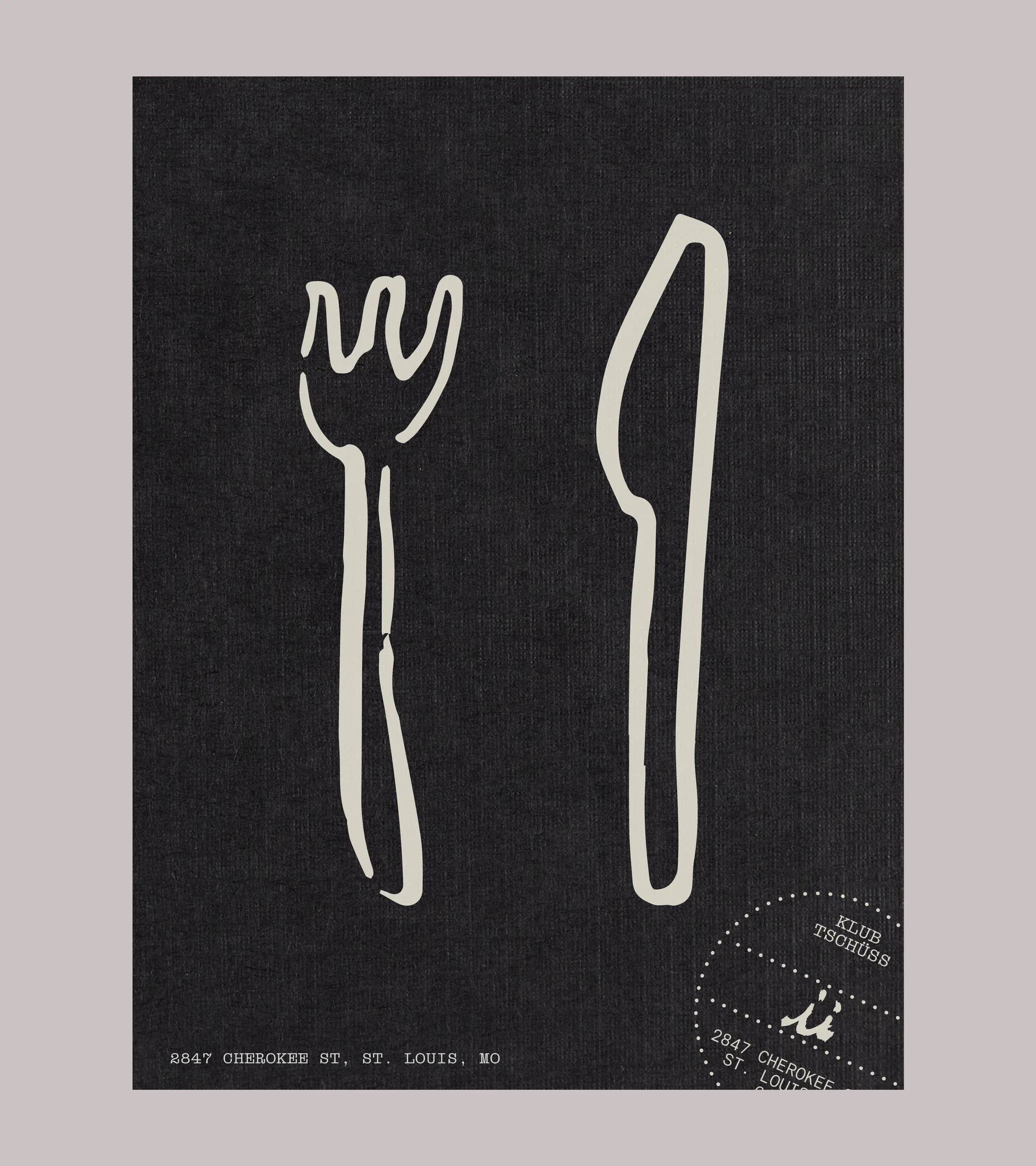 Illustration of a fork and knife in off-white against a black background, with text at the bottom and a circular design element.