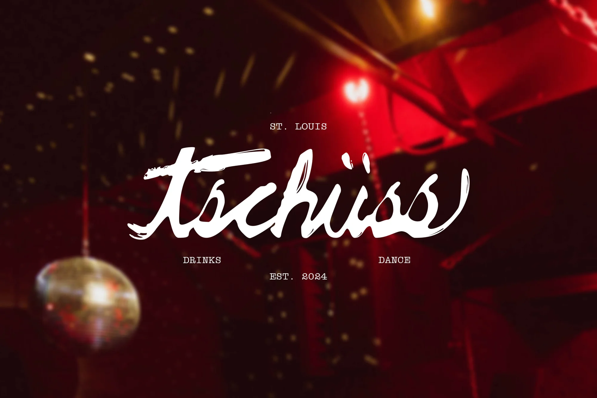 White 'Tschüss' logo on a dark red background with bokeh lights and disco ball creating a festive, retro atmosphere. Drinks and dance.