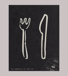 Minimalist graphic design featuring stylized white line illustrations of a fork and knife on a dark textured background.