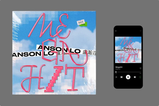 Artwork featuring a packaged music album cover with 'Megahit' in pink text over a blue sky and a smartphone showing the same cover.