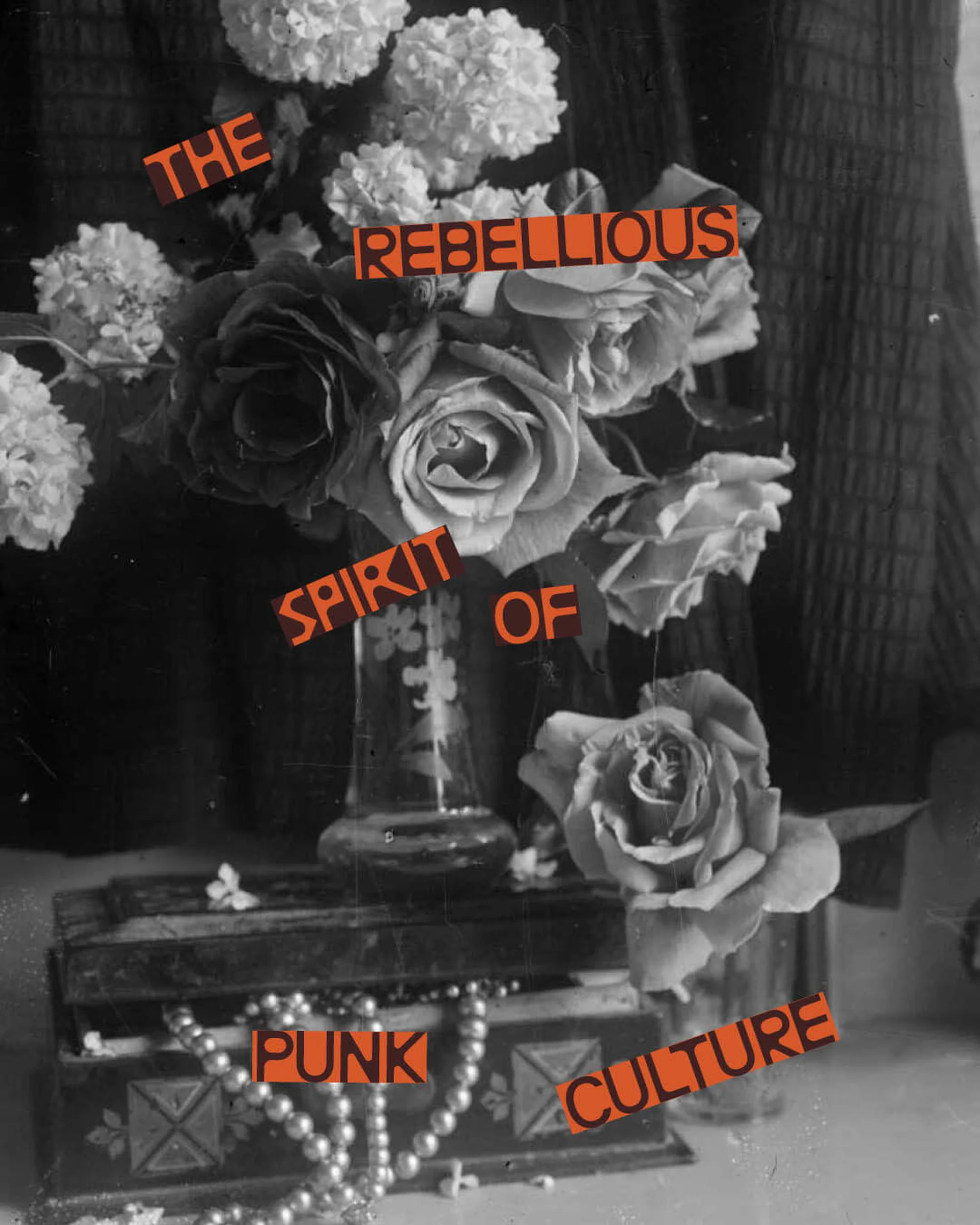 Still life photography featuring a black and white bouquet of roses in a vase, pearls, and a decorative box, overlaid with orange text.