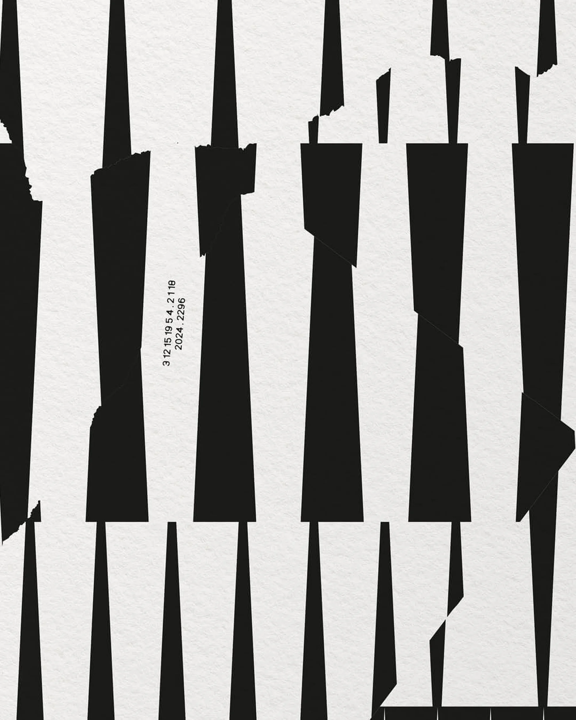 Abstract graphic art featuring dynamic black vertical shapes against a textured off-white background, enhanced by bold typography.