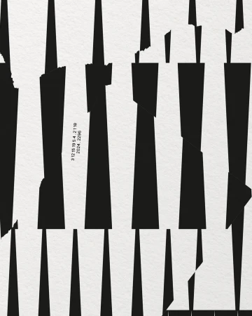 Abstract graphic art featuring dynamic black vertical shapes against a textured off-white background, enhanced by bold typography.