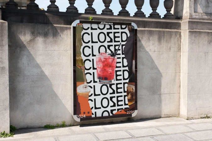 Outdoor poster advertising cocktails and desserts is partially torn with the word 'CLOSED' repeated in the background, creating a sense of incompleteness.
