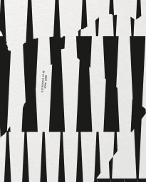 Monochrome graphic composition featuring vertical black abstract paper cutouts on a textured white paper background with small numbers.