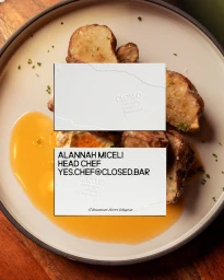 Close-up food photography of plated potatoes and egg with superimposed business cards for Closed brand identity