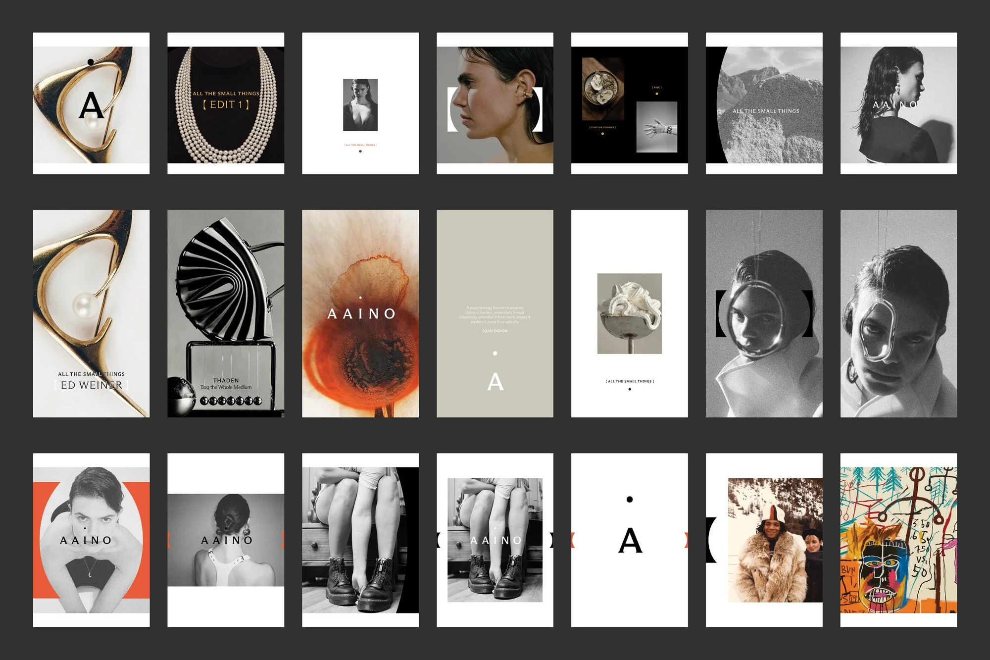 Collection of stylized, monochrome brand imagery featuring jewelry, portraits, and abstract compositions with graphic text elements.