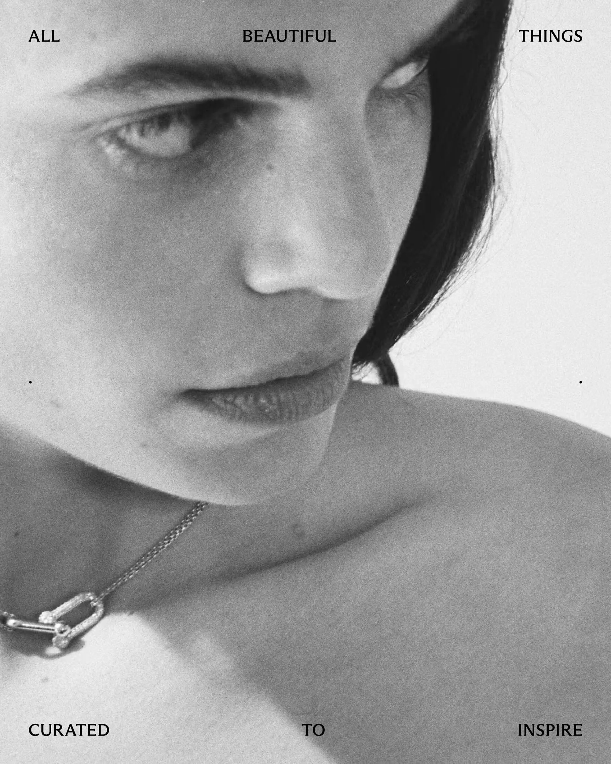 Monochrome portrait of a fair-skinned woman with a necklace against a white background, featuring visible text: 'All Beautiful Things'.