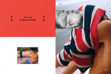 Collage layout showing a red color block, a pencil drawing of a torso, and a person wearing a striped garment