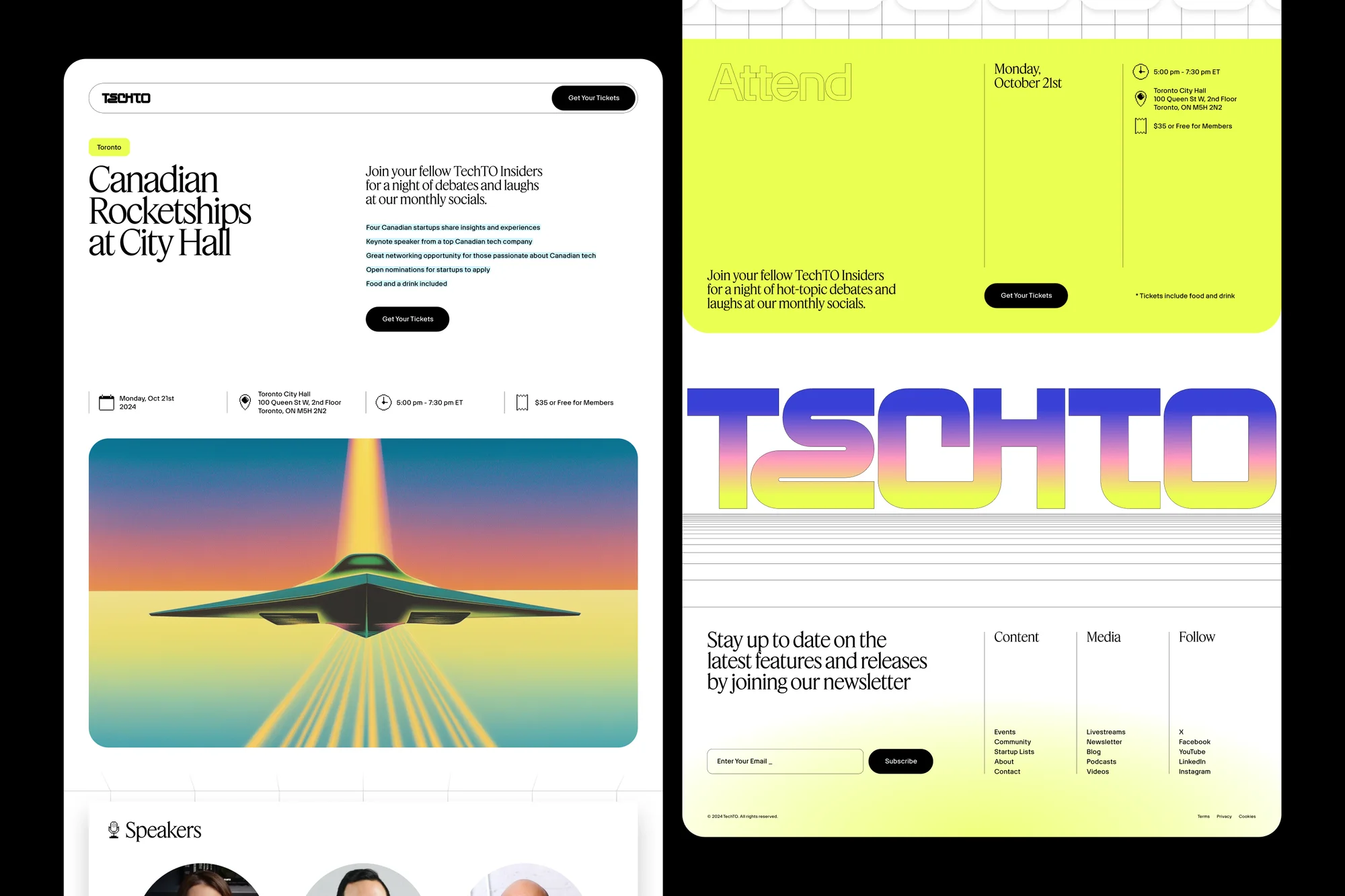 Digital art displays a futuristic aircraft ascending at sunset, part of a TechTO event poster, blending technology and design.