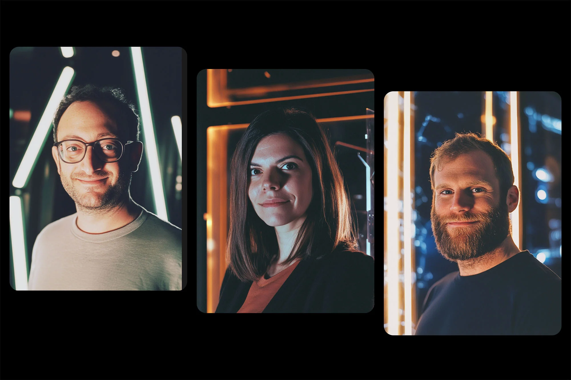 Portraits of three individuals displayed against a dark background with linear neon light designs in a vertically oriented triptych format.
