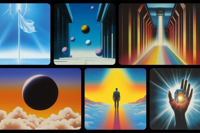 Surreal composite image showcasing diverse scenes: a white flag against a blue sky, geometric architecture, a space scene, and a human figure.