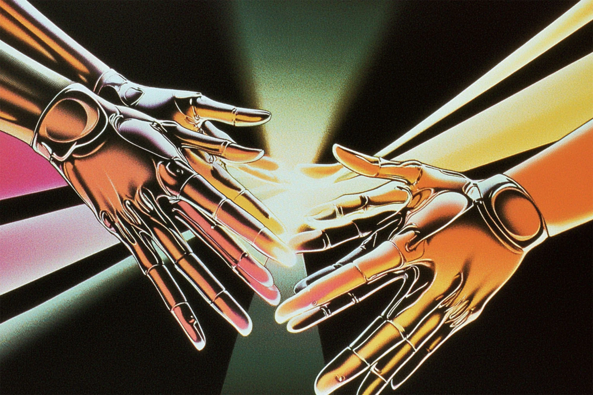 Illustration of two sets of mechanical, metallic hands nearly touching against a black background with radiating light beams.