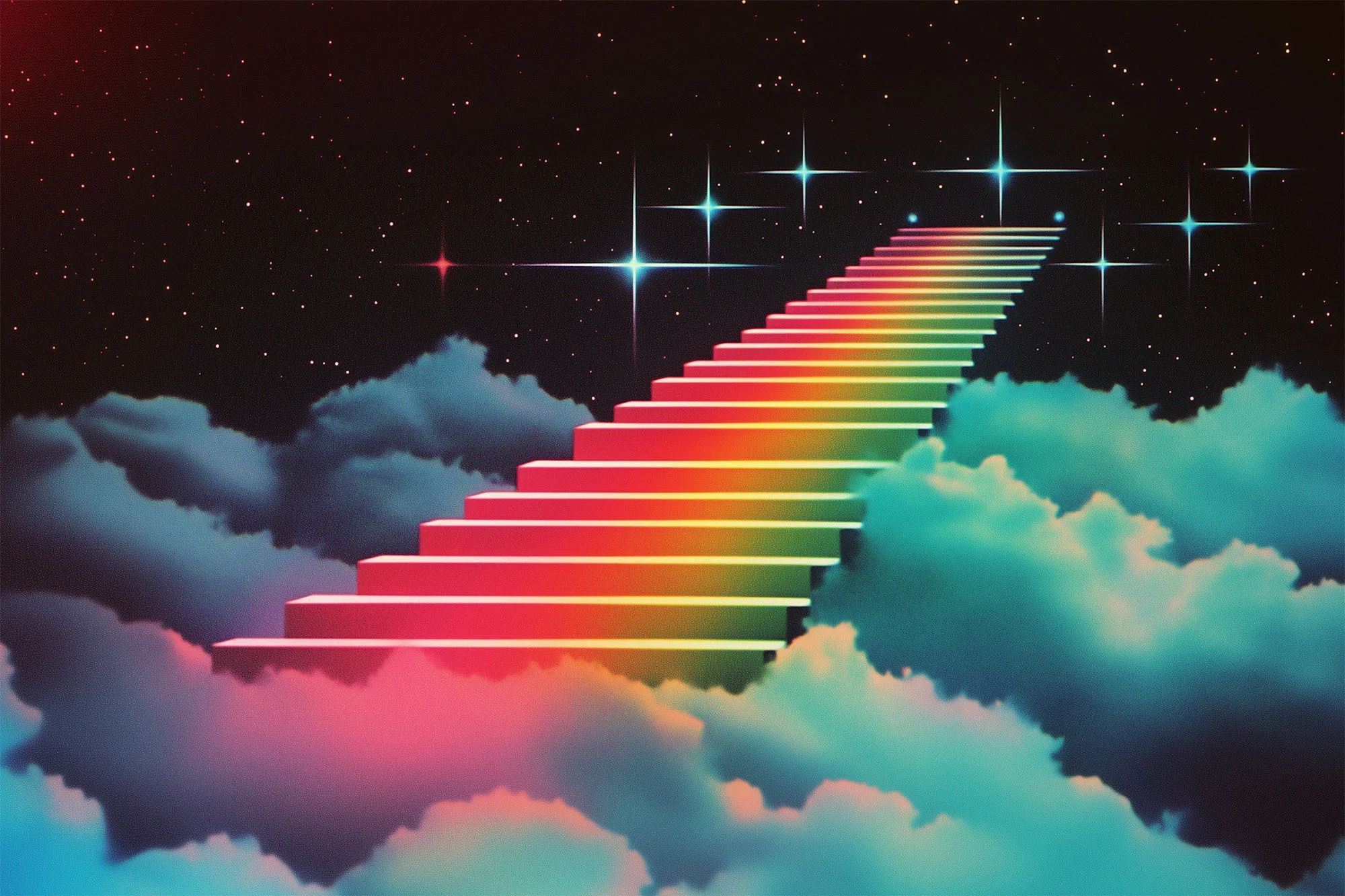 Rainbow stairway arches into a starry night sky, surrounded by pastel-colored clouds in a dreamlike art illustration.