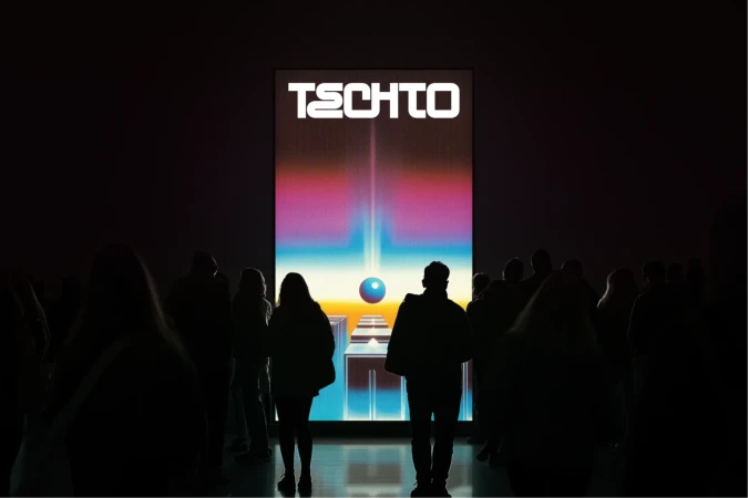 Silhouetted crowd of people viewing a digital art display with colorful geometric graphics, text, and a glowing sphere in a dark room.