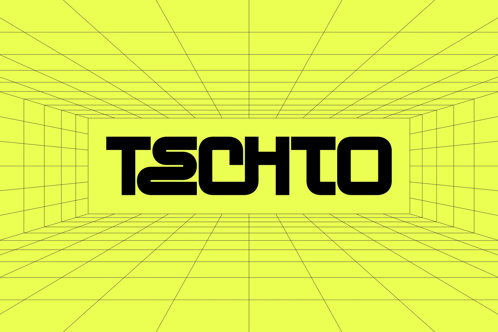 Black text "TECHTO" in a bold sans-serif font against a yellow background with a grid pattern creating a sense of depth and space.