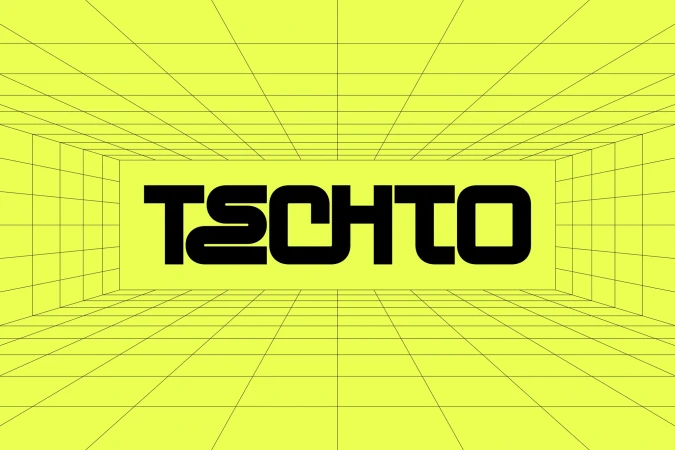 Black text "TECHTO" in a bold sans-serif font against a yellow background with a grid pattern creating a sense of depth and space.