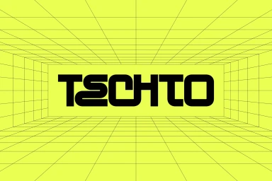 TechTO brand identity graphic with black typography inside a lime green wireframe grid room perspective background