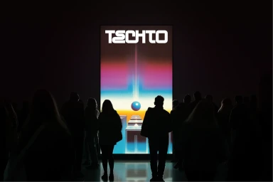 Silhouetted group of people standing in a dark room viewing a brightly illuminated vertical digital display showing TechTO branding and a synthwave landscape.