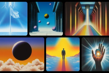 A multi-panel collage of surreal digital illustrations featuring floating spheres, a glowing hand holding a crystal, and a solitary figure