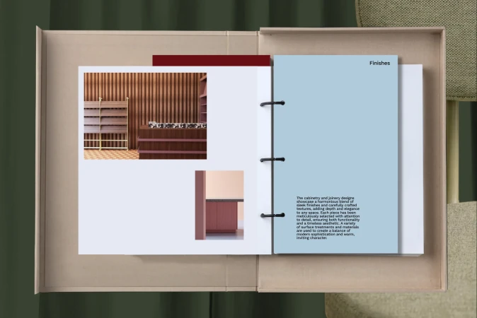 Interior design presentation featuring cabinetry finishes, showcasing a blend of sleek textures and careful craftsmanship in a studio setting.