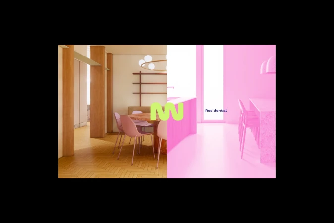 Split-screen interior showcasing a modern dining area with pink chairs and a sleek kitchen space with pink countertops and bar stools.