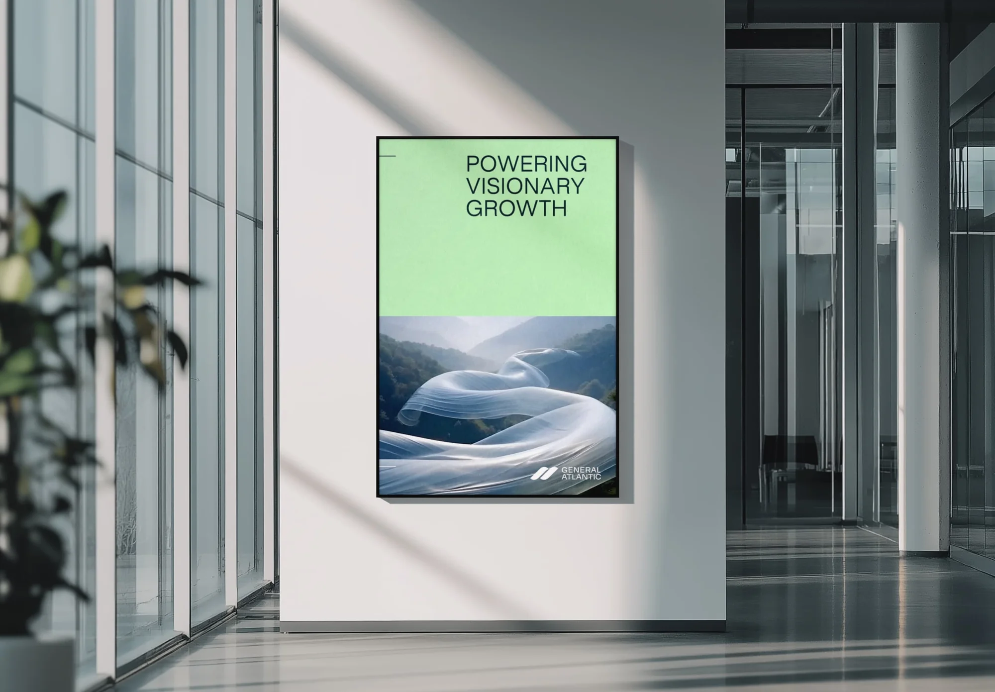 Promotional poster in a modern office hallway featuring a landscape graphic, text, and the General Atlantic logo.