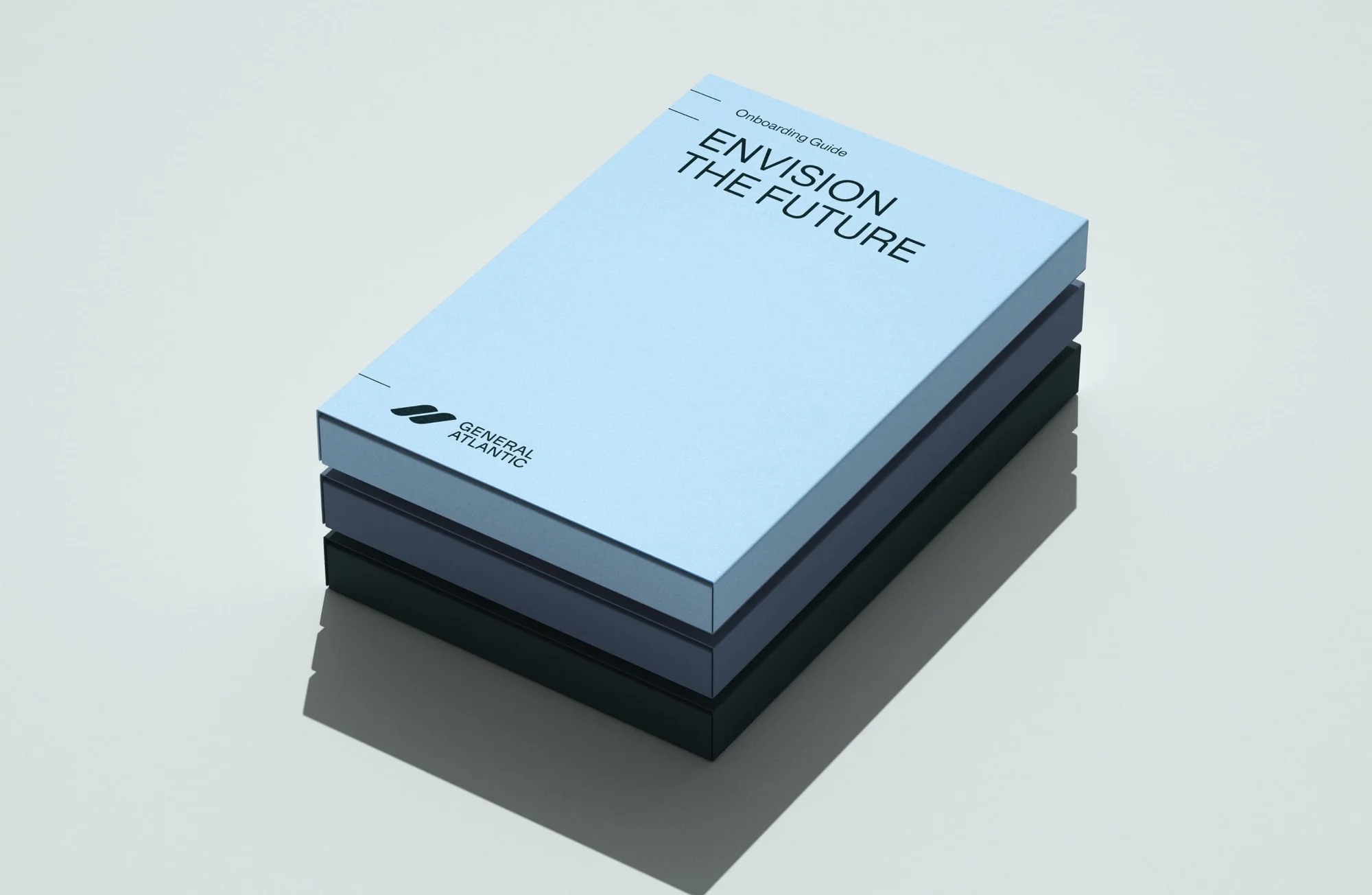 Three stacked onboarding guides for General Atlantic on a white surface, featuring the company logo and 'Envision the Future' text.
