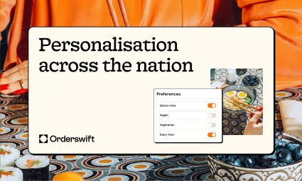 Orderswift brand identity design featuring a ui preference menu and food photography against a patterned table background