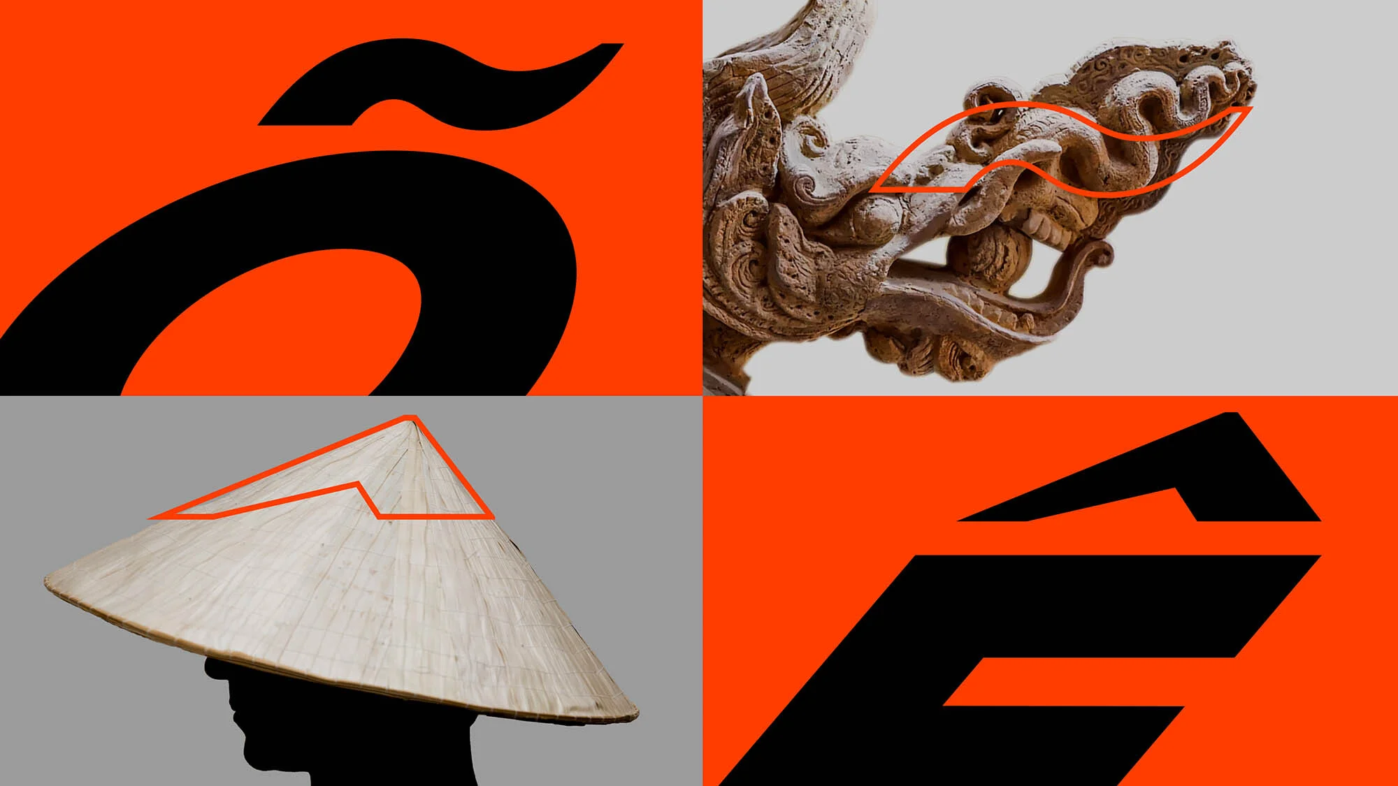 Abstract design featuring a deconstructed logo, architectural detail, conical hat, and stylized letterform, set against orange and gray.