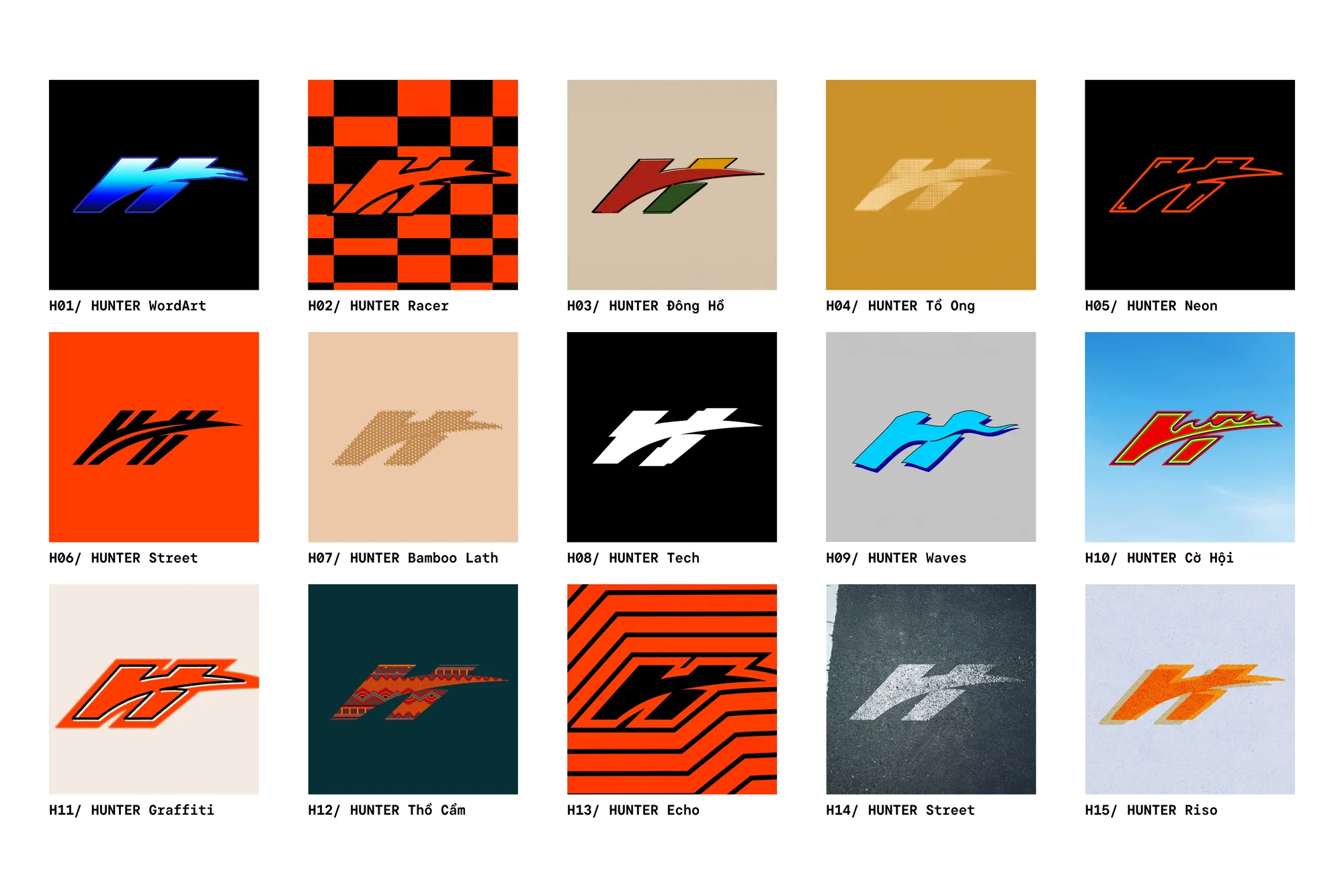 Collection of graphic designs with stylized 'H' logos in varied colors and patterns displayed against different colored backgrounds.