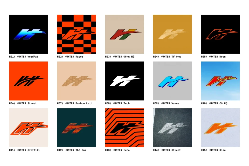 Collection of graphic designs with stylized 'H' logos in varied colors and patterns displayed against different colored backgrounds.