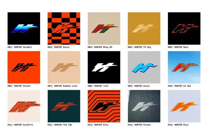 Collection of graphic designs with stylized 'H' logos in varied colors and patterns displayed against different colored backgrounds.