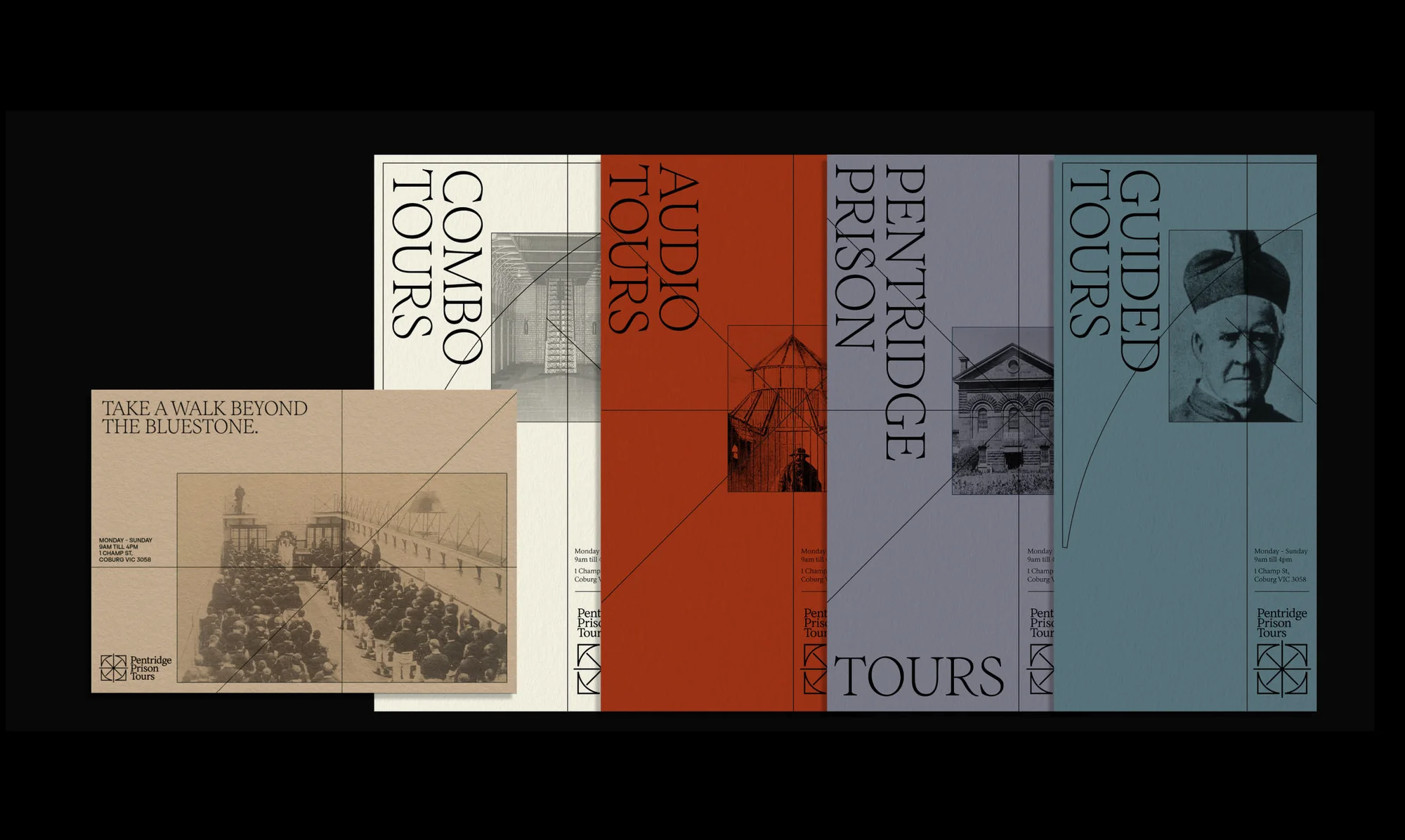 Graphic design for Pentridge Prison Tours featuring illustrations and historical photos related to guided and audio tours of the bluestone prison.