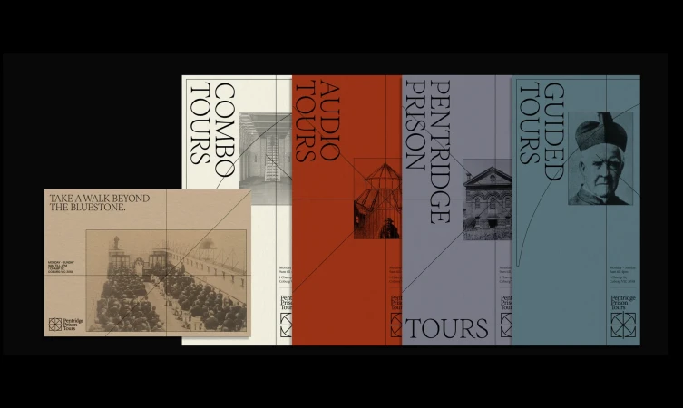 Graphic design for Pentridge Prison Tours featuring illustrations and historical photos related to guided and audio tours of the bluestone prison.